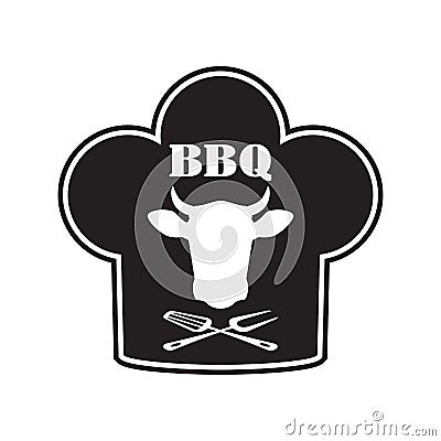 Barbecue label or BBQ sign with beef and chef hat emblem isolated on white background. Grill menu design template. Vector illustra Vector Illustration